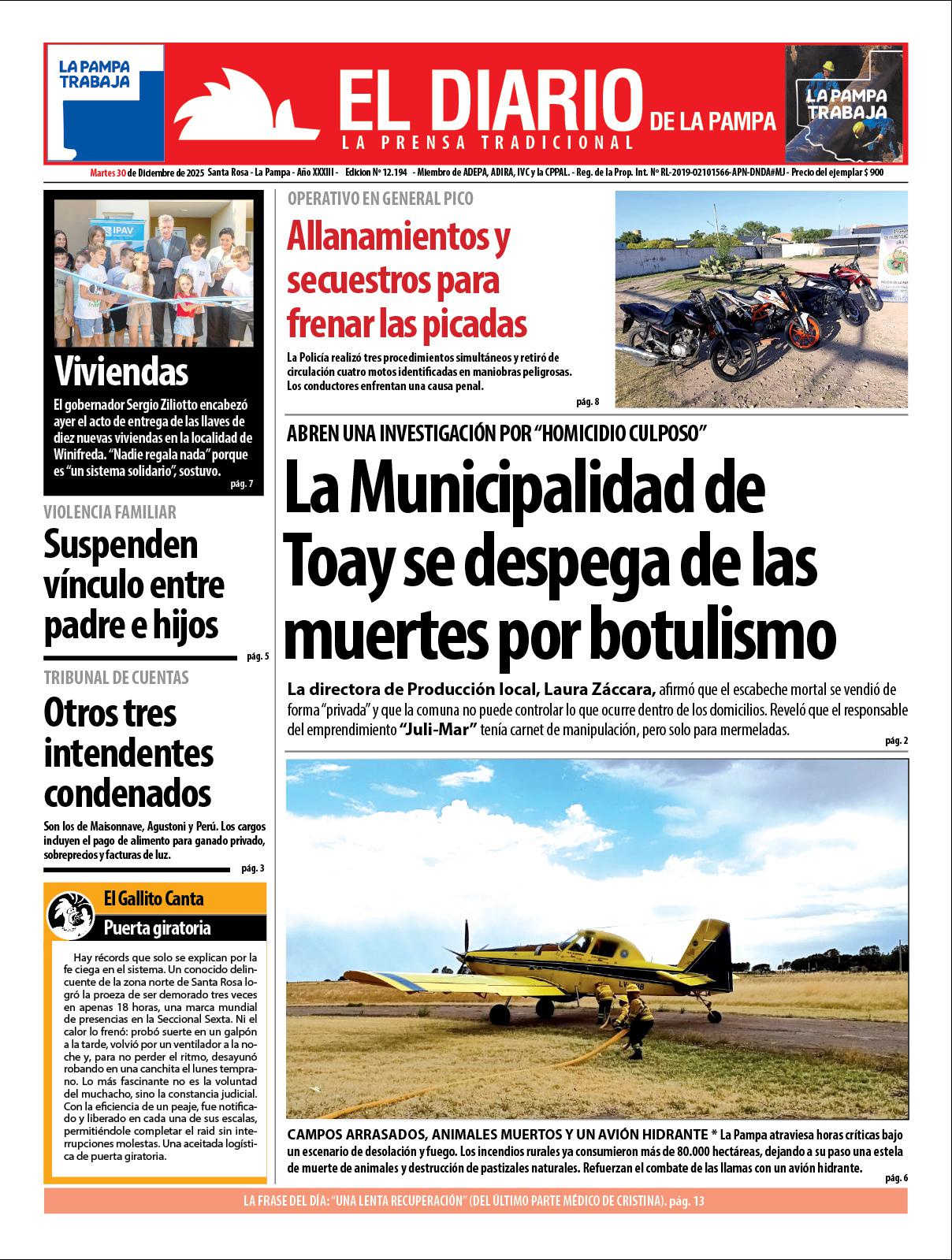 Tapa de El Diario en papel  martes 30 de diciembre de 2026